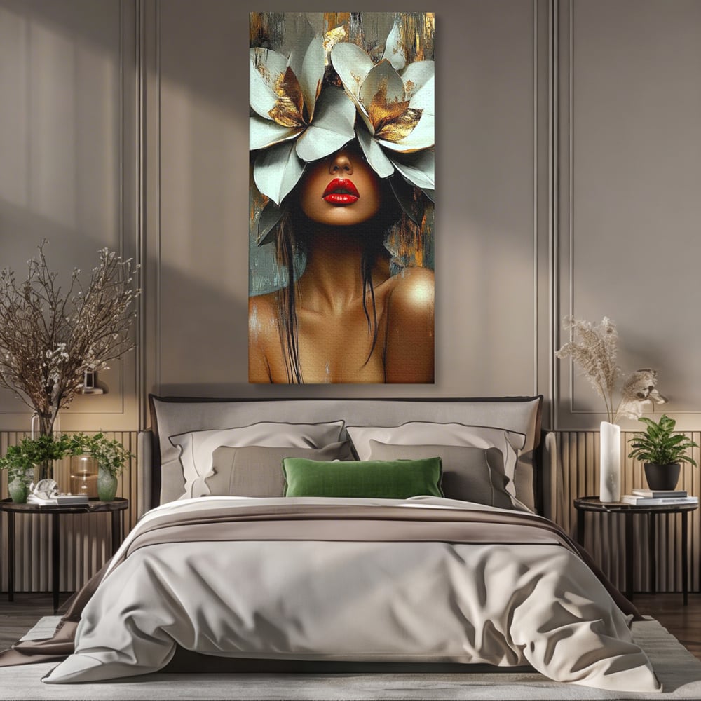 Tablou canvas cu tablou canvas cu femeie si flori, fara rama, pe sasiu de lemn, pe perete intr-un dormitor